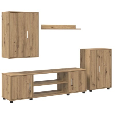 Conjunto de móveis para sala em madeira clara com portas e prateleiras.