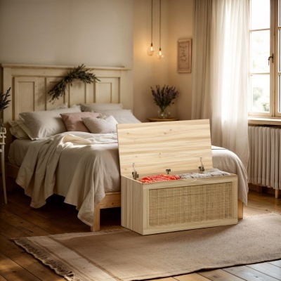 Baú de arrumação em madeira clara aberto no quarto com cama e cortinas brancas