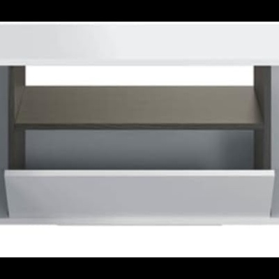 Móvel branco para televisão com portas e gaveta abertas