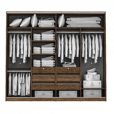 Roupeiro de madeira escura com roupas brancas penduradas, dobradas, almofadas e caixas