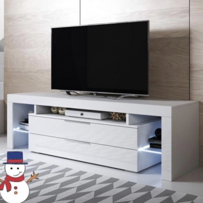 Móvel TV branco moderno com iluminação LED azul em ambiente interior