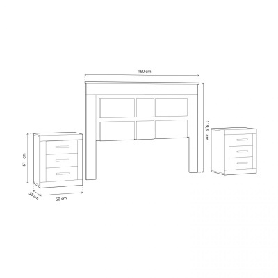 Conjunto de cabeceira de cama branca com mesas-de-cabeceira desenhadas e medidas