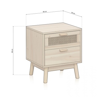 Criado-mudo em madeira clara com duas gavetas e pés inclinados.