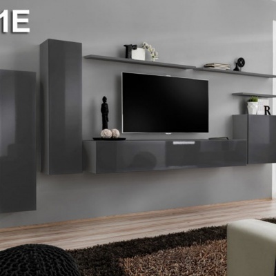 Conjunto de móveis suspensos cinza fosco para sala de estar com televisão e decoração.