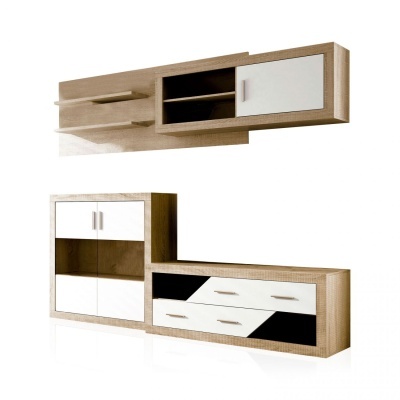 Conjunto de móveis de madeira clara com portas e gavetas em branco e preto