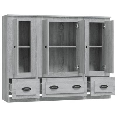 Aparador de madeira clara com portas de vidro e gavetas