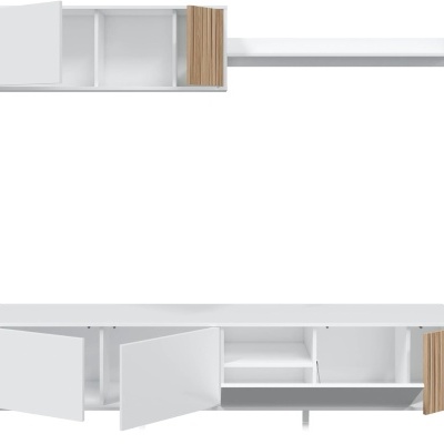 Conjunto de móvel de sala branco com detalhes em madeira clara e prateleira