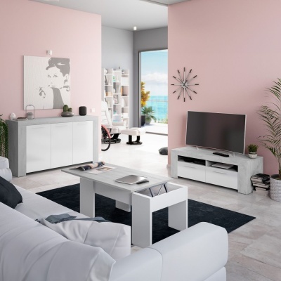 Sala de estar moderna com móveis brancos e parede rosa