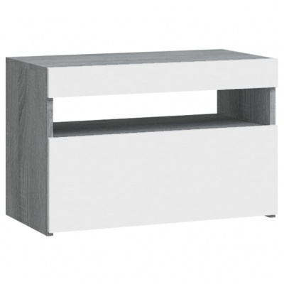 Móvel cinza e branco com duas gavetas e espaço aberto no meio