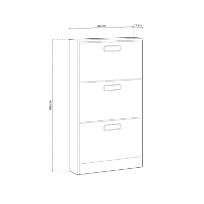 Móvel de arrumação branco com três gavetas verticais e medidas em centímetros
