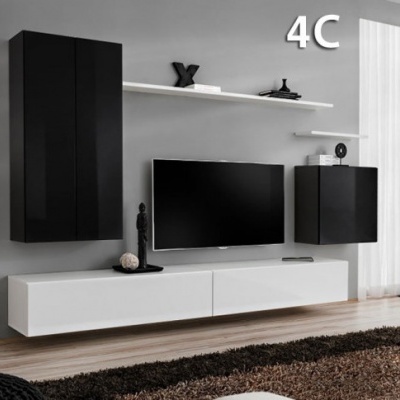 Móvel de sala de estar modular preto e branco com televisão montada na parede cinzenta