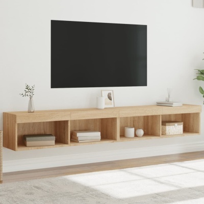Móvel de TV flutuante em madeira clara com objetos decorativos