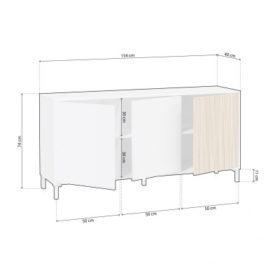 Aparador branco com uma porta de madeira clara e pés pretos, mostrado com dimensões.