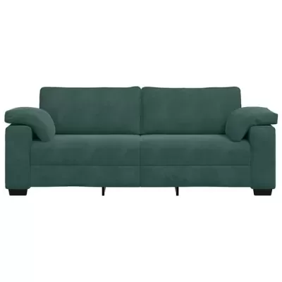 Sofá verde escuro de três lugares com braços almofadados largos e pernas pequenas