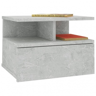 Mesa de apoio cinza com textura de pedra, prateleira e gaveta