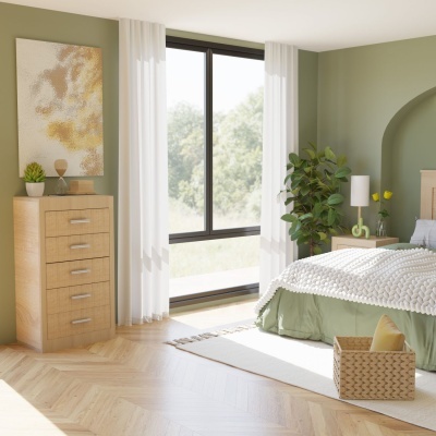 Quarto com cómoda, cama e decoração verde e branca