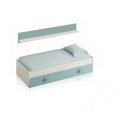 Cama individual com gaveta azul esverdeada e prateleira azul esverdeada na parede