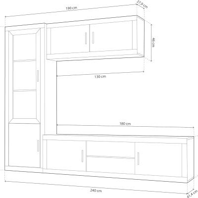 Esquema técnico de móveis modulares com dimensões detalhadas em centímetros