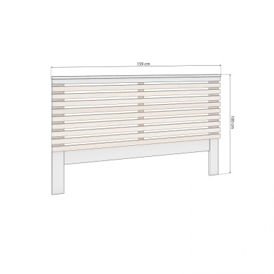 Cabeceira em madeira clara com lâminas horizontais e estrutura inferior