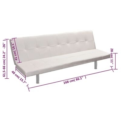 Sofá-cama branco com pernas metálicas e dimensões indicadas