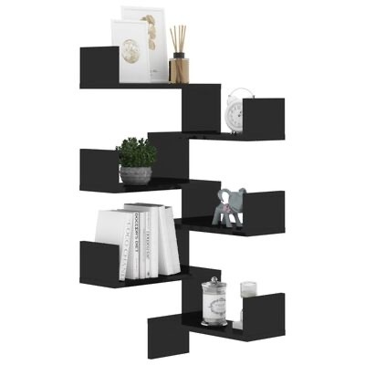 Estante modular preta com decoração variada