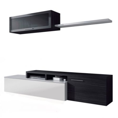 Conjunto de móveis de sala em madeira preta e branca com porta de vidro fumado e prateleira cinza