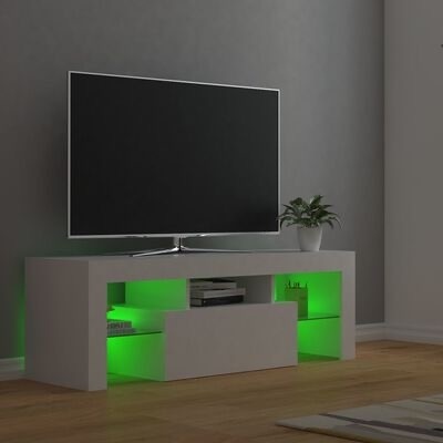 Móvel para TV branco com iluminação LED verde e TV de ecrã plano preto