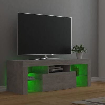 Móvel TV cinza escuro com iluminação verde e televisão de ecrã plano