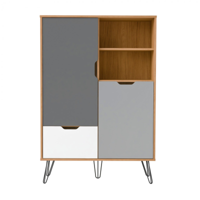 Móvel de arrumação em madeira clara com portas e gavetas cinzentas e branca, pés metálicos pretos