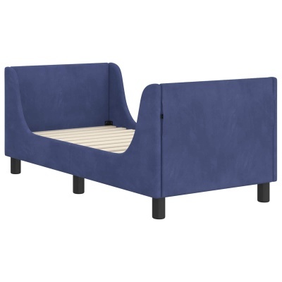 Cama individual estofada azul com ripas de madeira e pernas pretas.