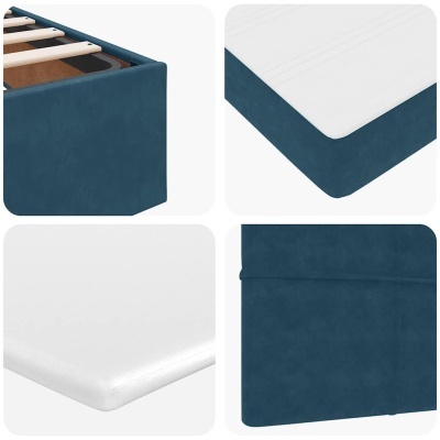 Detalhes de cama azul com colchão branco e ripas de madeira
