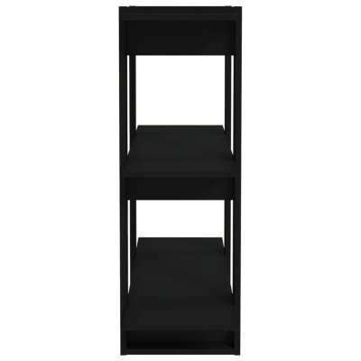 Estante preta de três prateleiras vista de lado