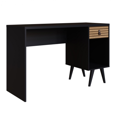Secretária preta com gaveta em madeira clara e puxador de couro castanho.