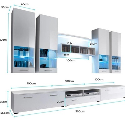 Móvel branco para sala com iluminação azul e armários vários