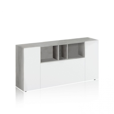 Móvel de arrumação cinzento e branco com portas e nichos