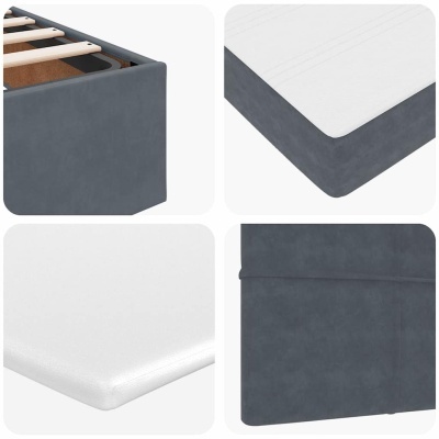 Conjunto de cama com estrutura cinzenta e colchão branco em várias vistas detalhadas