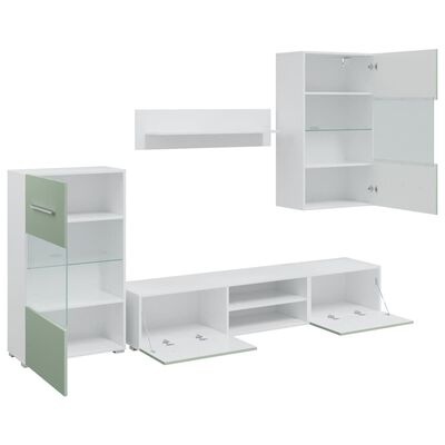 Conjunto de móveis de sala branco com portas de vidro e verde