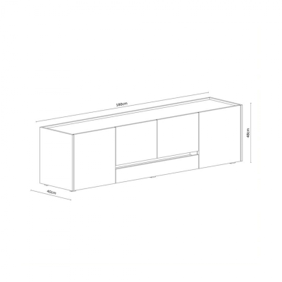 Desenho técnico de móvel de suporte para TV com três compartimentos e dimensões indicadas.