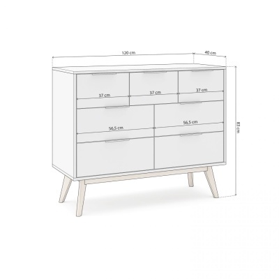 Móvel branco com seis gavetas e pernas de madeira, dimensões e medidas das gavetas visíveis