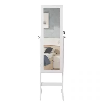 Espelho de pé branco com estrutura em madeira refletindo um quarto