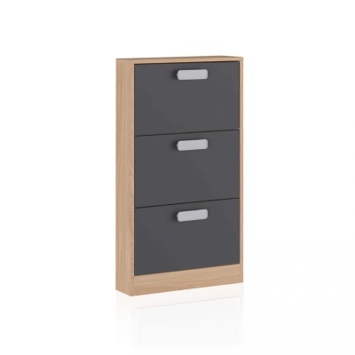 Móvel de arrumação com três gavetas cinza escuro e estrutura em madeira clara