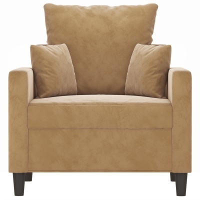 Poltrona bege estofada com duas almofadas e pernas de madeira escura