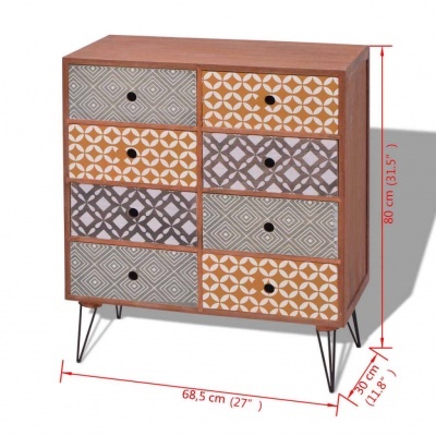 Cômoda de madeira com oito gavetas decoradas com padrões geométricos coloridos