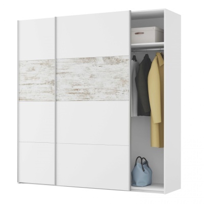 Guarda-roupa branco com portas de correr e design com padrão de madeira clara