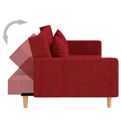 Sofá vermelho reclinável com almofadas e pernas de madeira clara