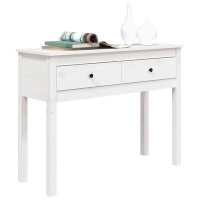 Cômoda branca em madeira com duas gavetas e objetos decorativos no tampo