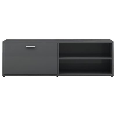 Móvel preto para sala de estar com porta e prateleiras abertas