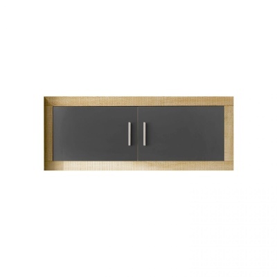 Armário suspenso com duas portas cinza escuro e estrutura em madeira clara