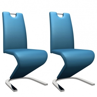 Conjunto de duas cadeiras azuis modernas com base metálica prateada