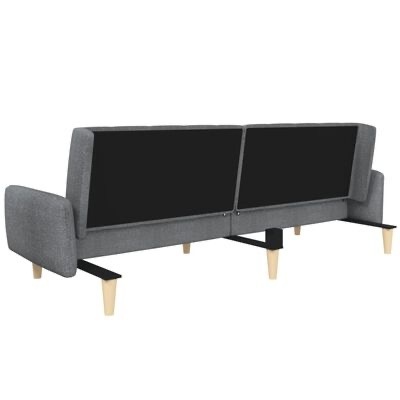 Sofá cinzento estofado visto de trás com pernas de madeira clara